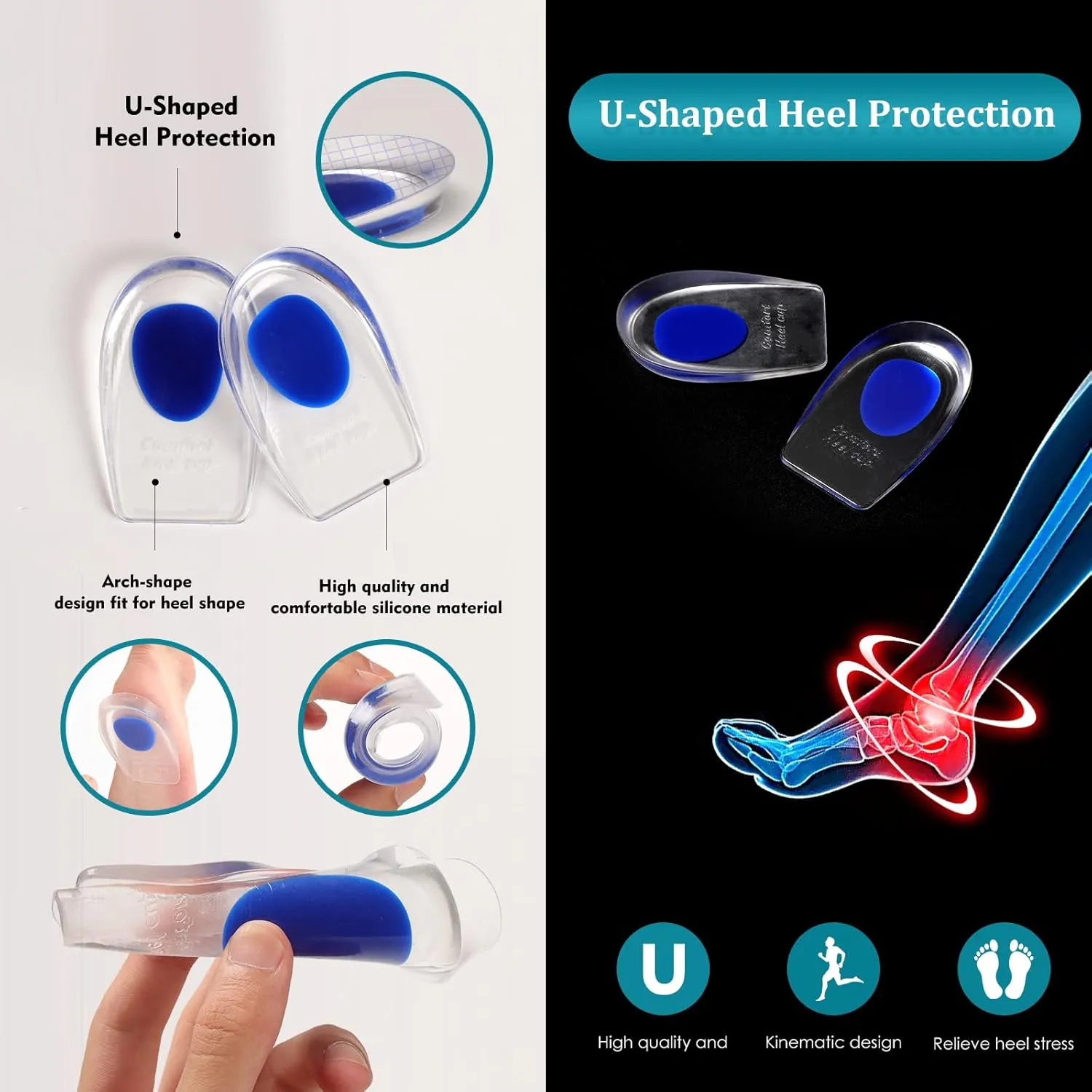 10 Pcs Heel Cups Heel Cushions Arch Supports Plantar Fasciitis Socks Set for Foot Heel Pain Relief (Standard/US Mens 7-12 | Womens 8 , Black Blue)