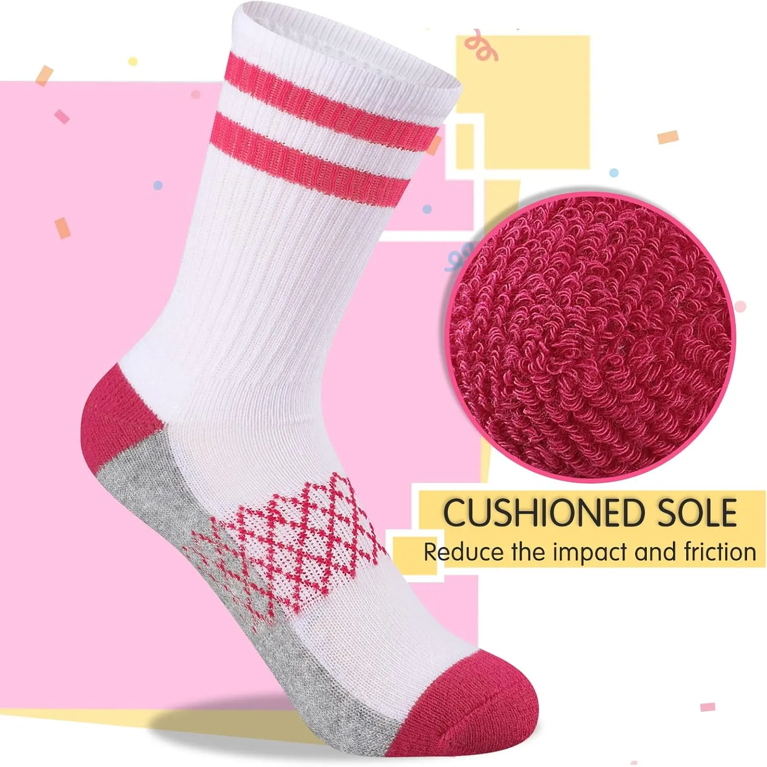 Comfoex Girls Crew Socks Athletic Half Cushioned Long Socks Cotton Calf Socks For Kids 6 Pairs