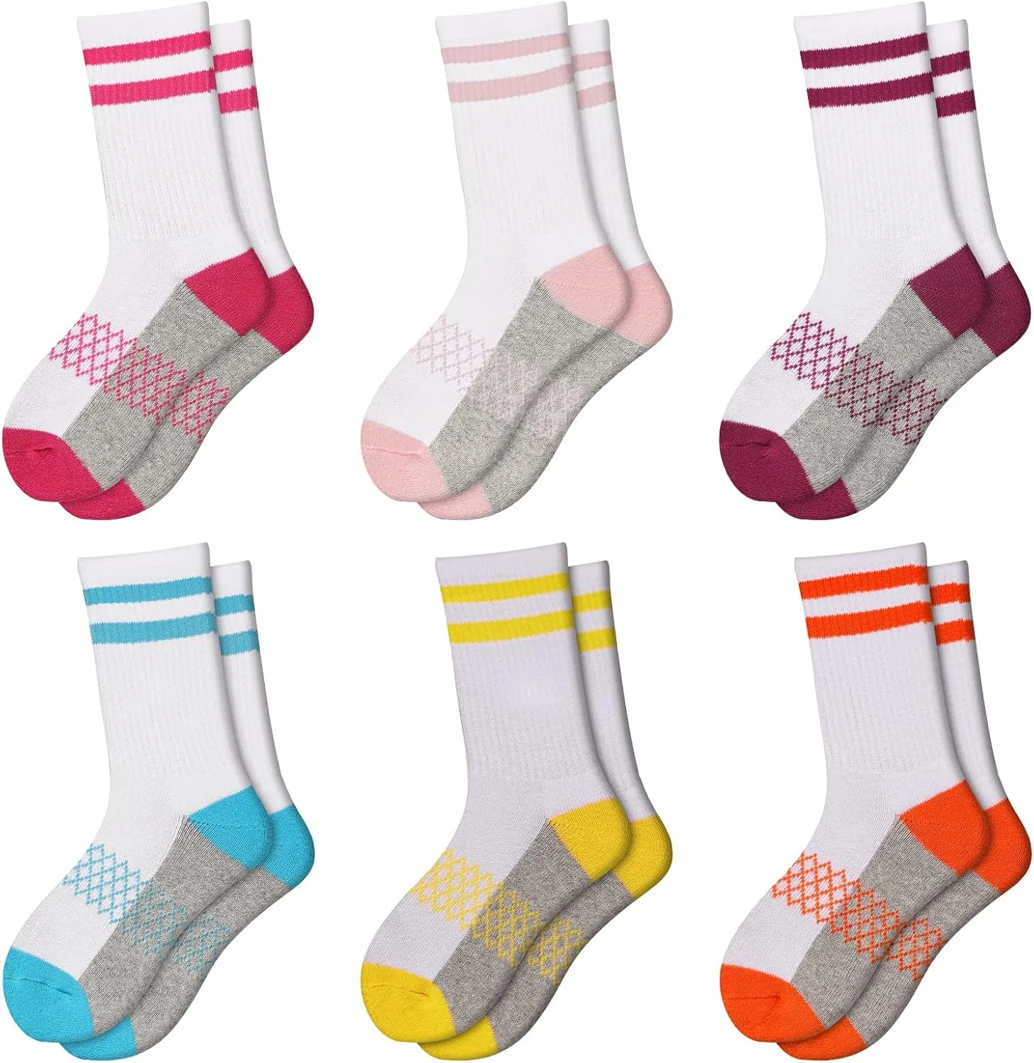 Comfoex Girls Crew Socks Athletic Half Cushioned Long Socks Cotton Calf Socks For Kids 6 Pairs