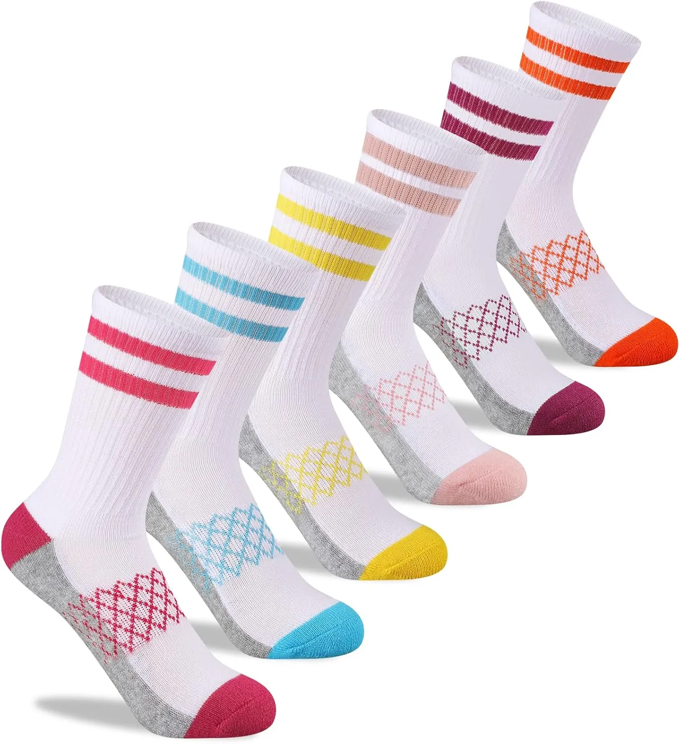 Comfoex Girls Crew Socks Athletic Half Cushioned Long Socks Cotton Calf Socks For Kids 6 Pairs