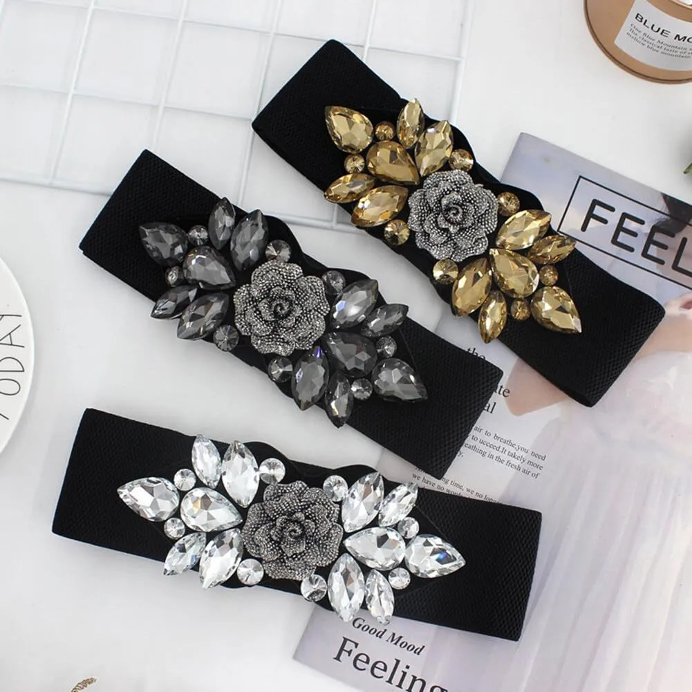 Katutude Women's Stretchy Belt Sparkling Rhinestones Snap-Button Wide Elastic Belts Vintage Stretch Belts for Dresses