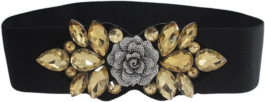 Katutude Women's Stretchy Belt Sparkling Rhinestones Snap-Button Wide Elastic Belts Vintage Stretch Belts for Dresses