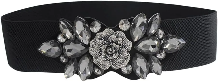 Katutude Women's Stretchy Belt Sparkling Rhinestones Snap-Button Wide Elastic Belts Vintage Stretch Belts for Dresses