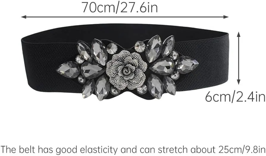 Katutude Women's Stretchy Belt Sparkling Rhinestones Snap-Button Wide Elastic Belts Vintage Stretch Belts for Dresses