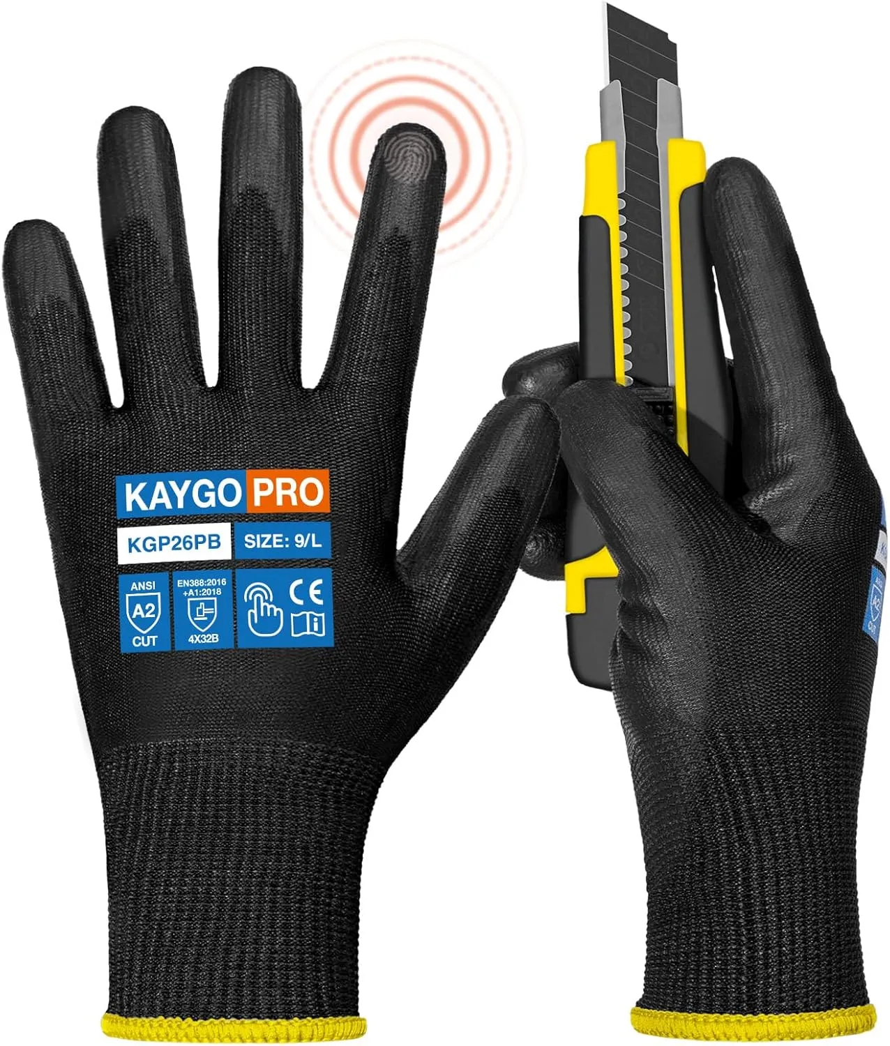 KAYGO Cut Resistant Gloves PU Coated, 12 Pairs Safety Work Gloves with full fingers Touchscreen for Men and Women, ANSI Cut Level A2, Ideal for General Duty Work KG11PW, Black,L
