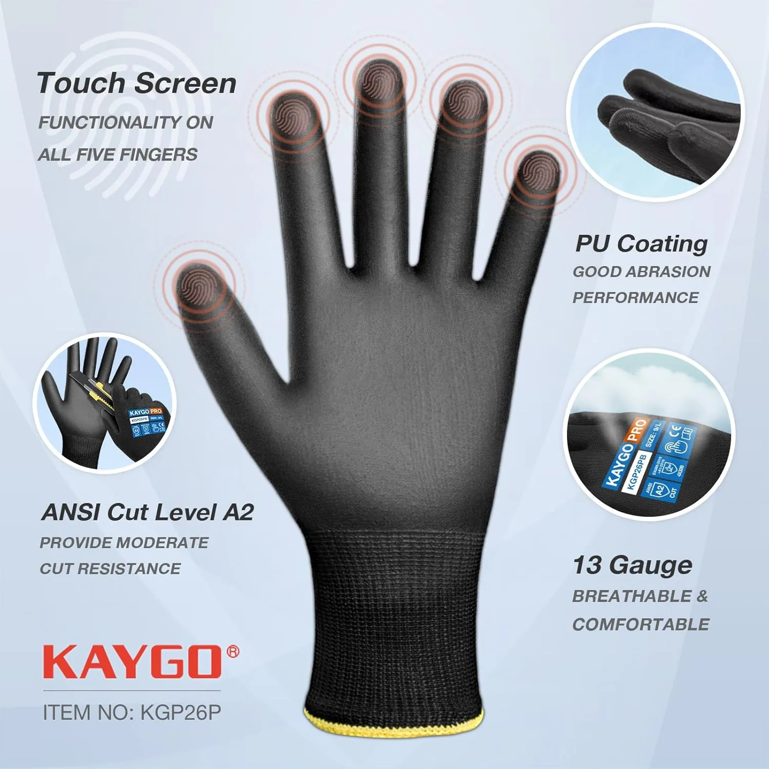 KAYGO Cut Resistant Gloves PU Coated, 12 Pairs Safety Work Gloves with full fingers Touchscreen for Men and Women, ANSI Cut Level A2, Ideal for General Duty Work KG11PW, Black,L