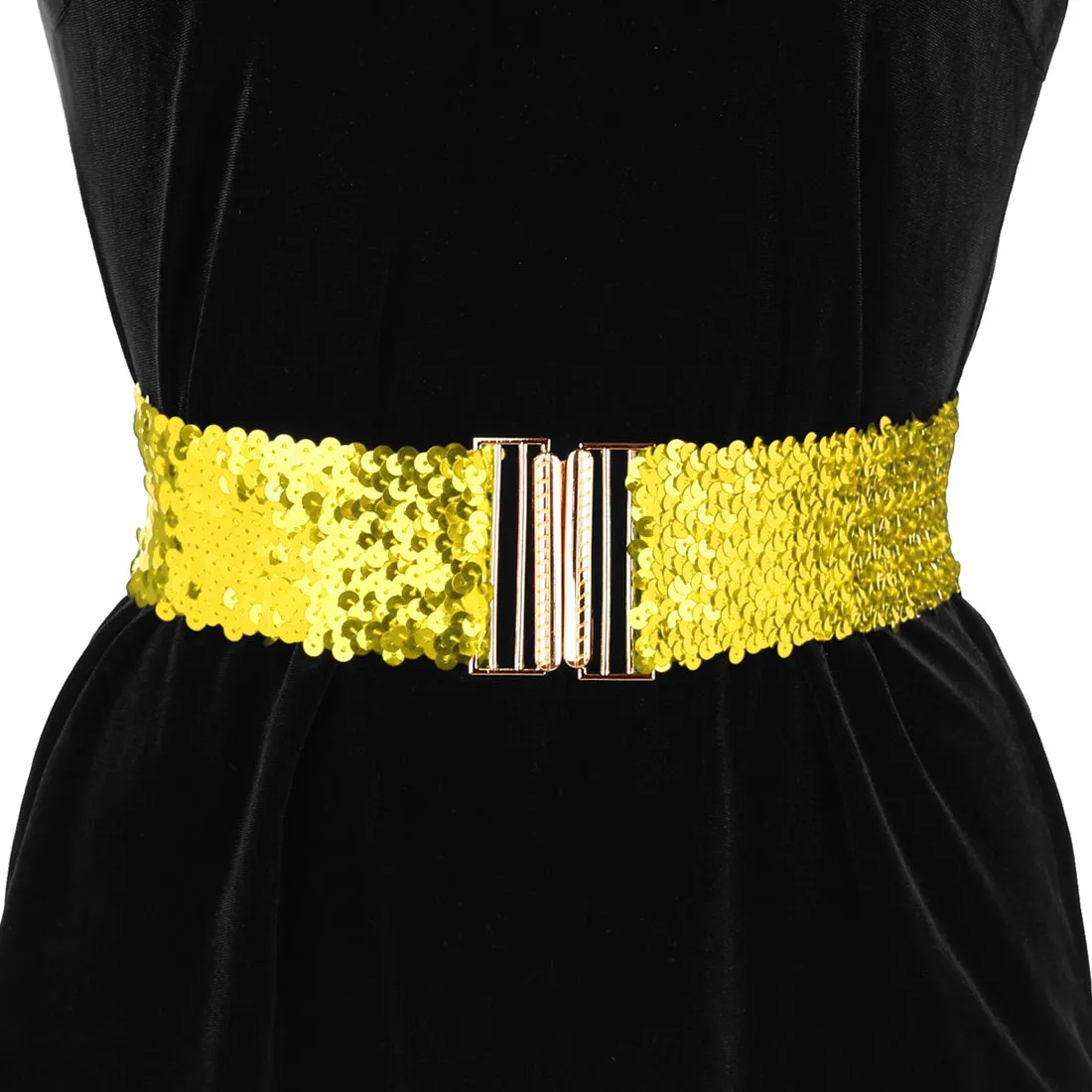 Ladies Shinny Wide Waist Belts Interlock Buckles Sequins Decor Stretchy Belts for Women 2PCS