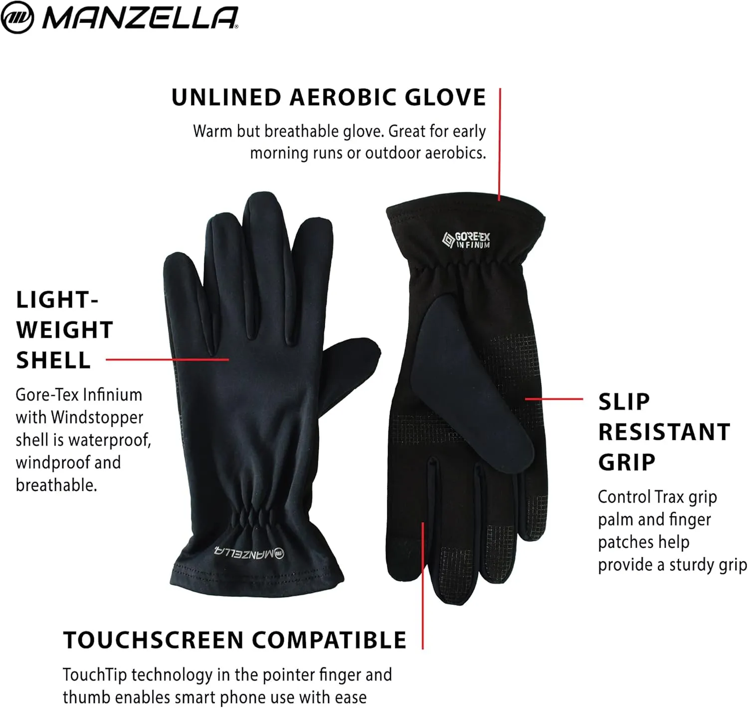 Manzella Men's Lightweight Gore-Tex Infinium Glove, Touchscreen Capable with Windproof Protection Against Cold Weather