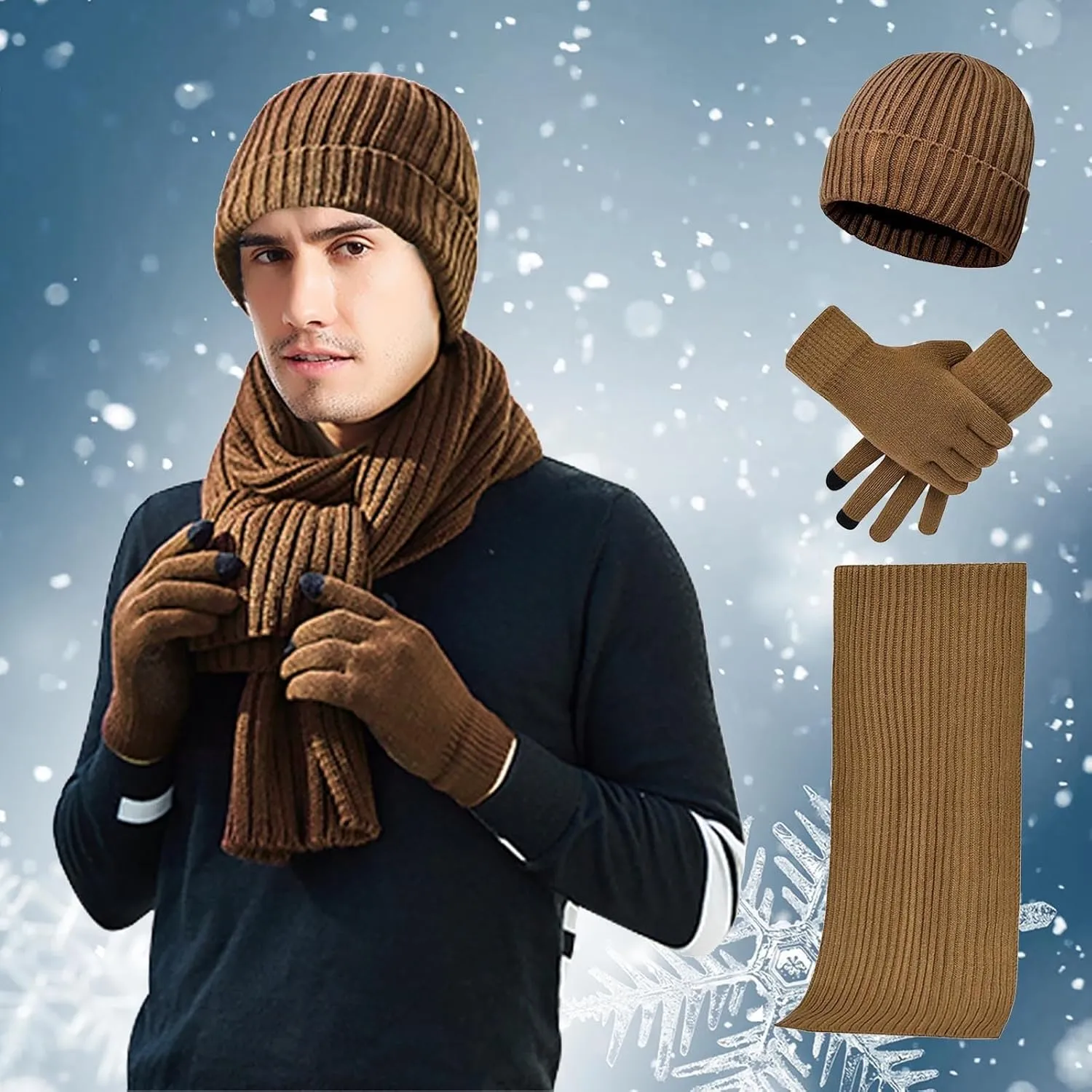 Mens & Womens Winter Knit Hat eanie Knit Winter Hats Touchscreen Gloves Neck Scarf Neck Scarves Set