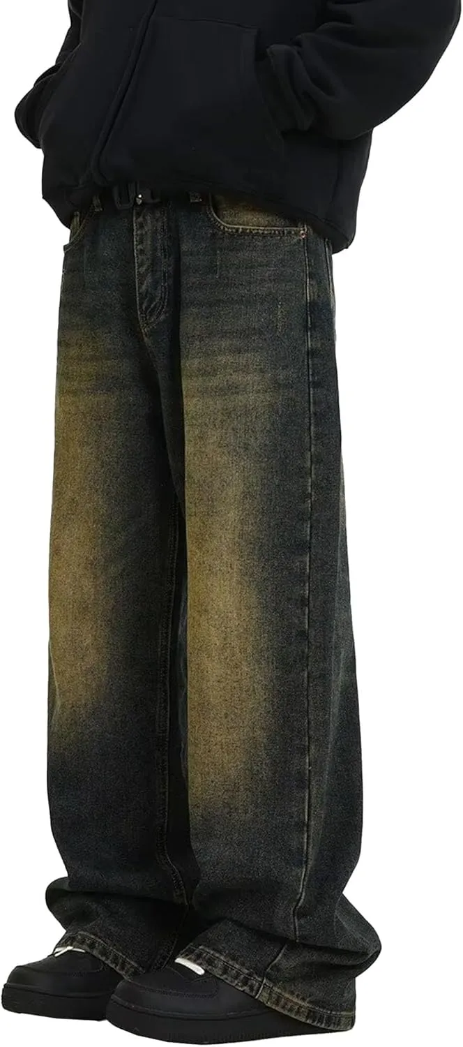 Men's Straight Leg Jeans Distressed Patchwork Denim Pants Stretchy Comfortable Fit