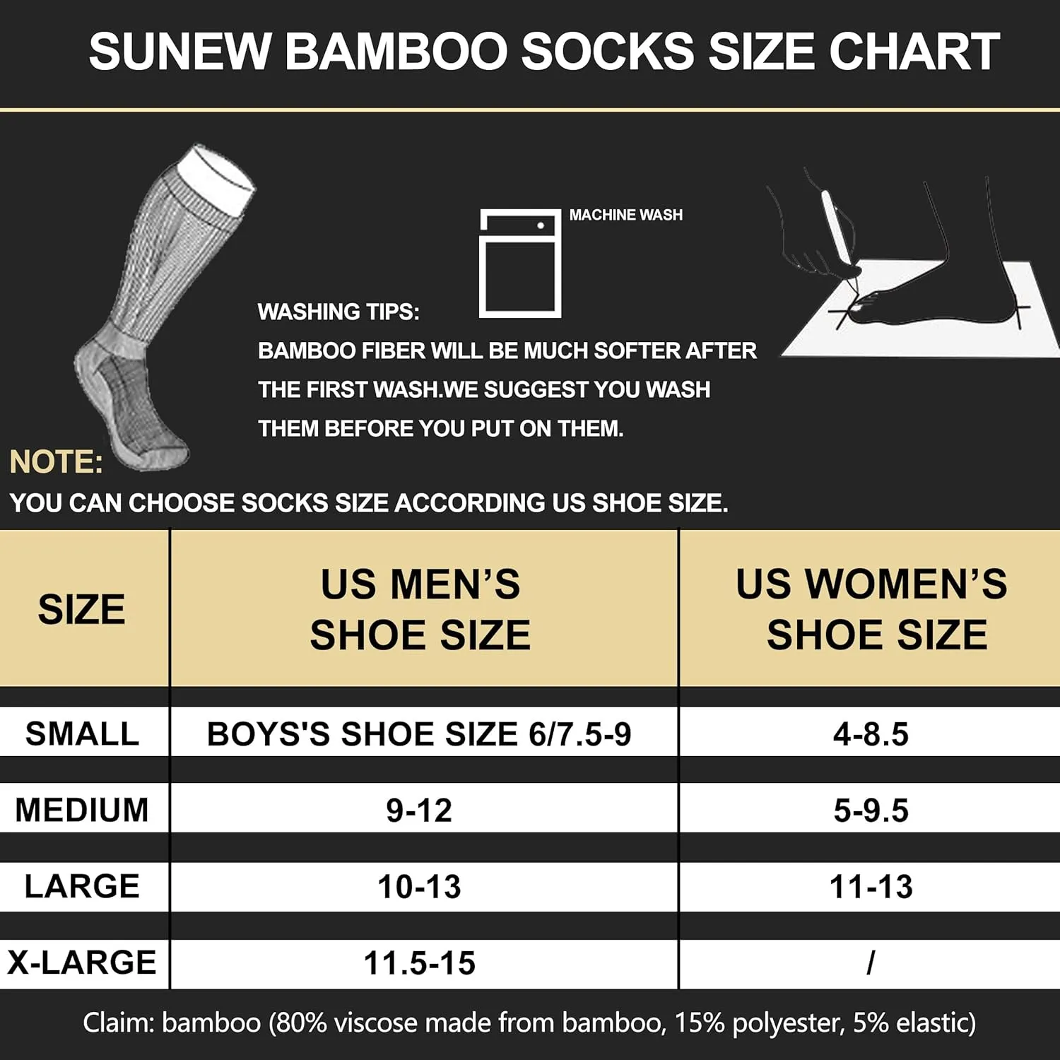 Sunew Viscose Bamboo Socks, Unisex Cushioned Comfortable Crew Workout Hiking Socks 3 Pairs