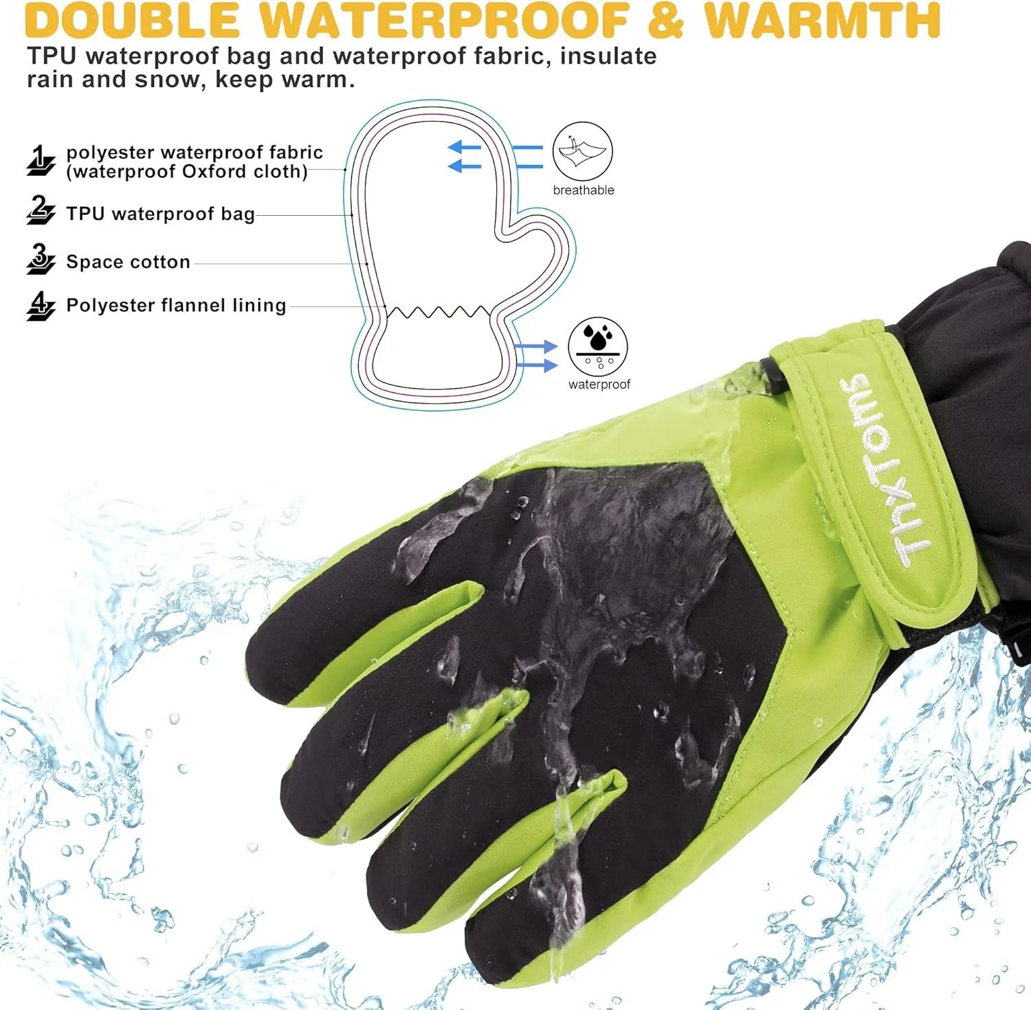 ThxToms Kids Winter Gloves Waterproof Ski Snow Gloves for Boys & Girls Cold Weather Outdoor Sports Snowboard Bicycle for 4-14 Years Old