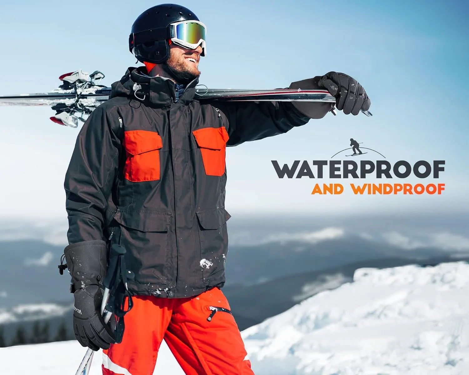 VELAZZIO Ski Gloves - Winter Snow Gloves with Dupont Sorona, Waterproof Breathable Touchscreen