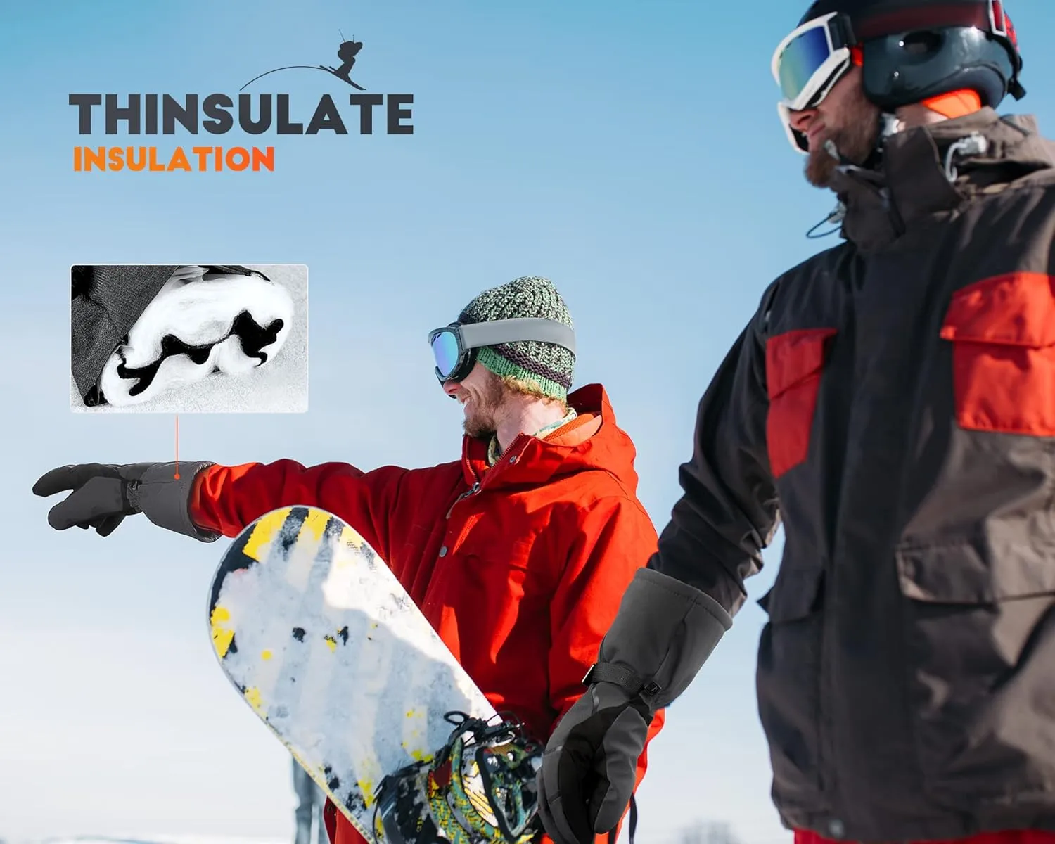 VELAZZIO Ski Gloves - Winter Snow Gloves with Dupont Sorona, Waterproof Breathable Touchscreen