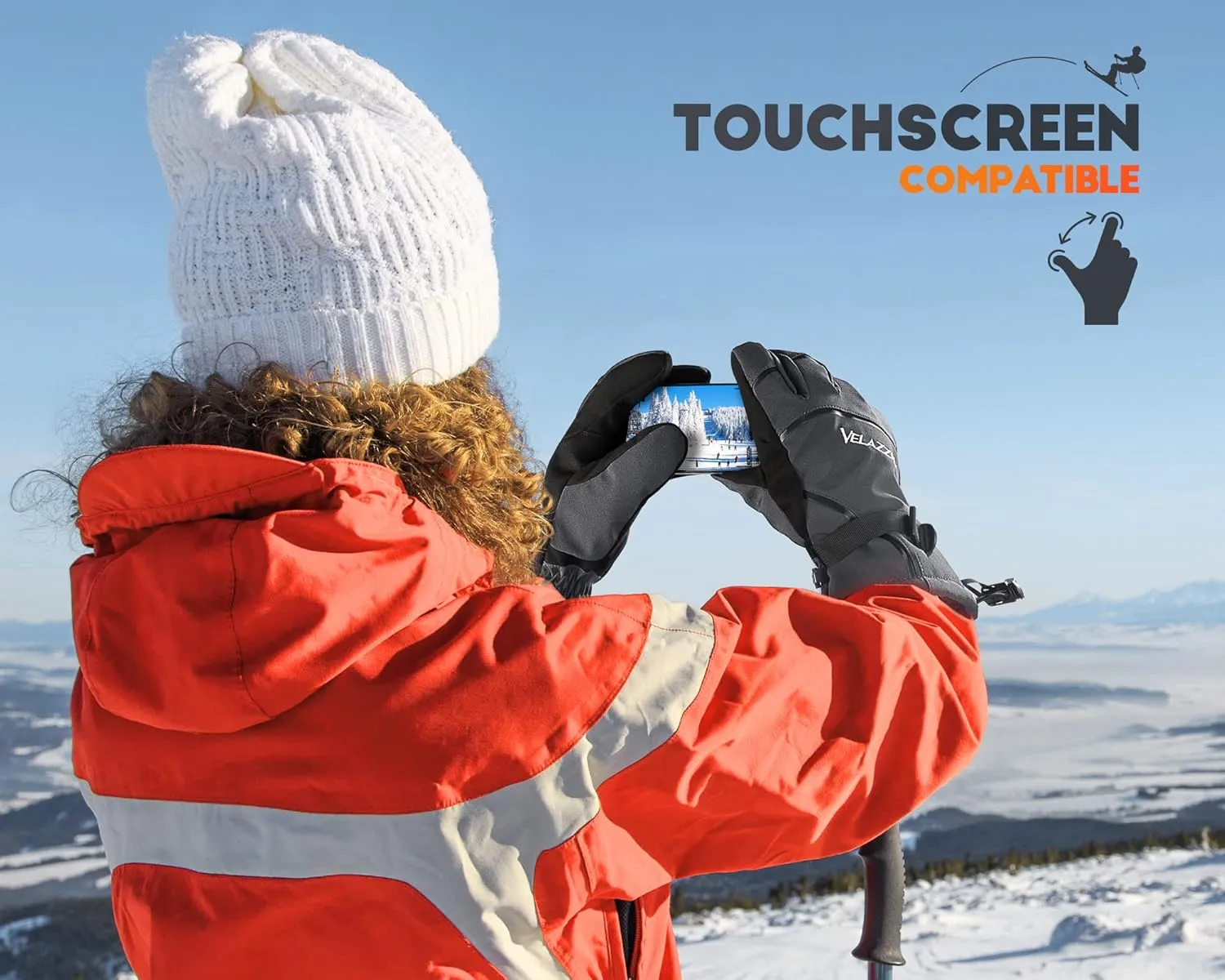VELAZZIO Ski Gloves - Winter Snow Gloves with Dupont Sorona, Waterproof Breathable Touchscreen