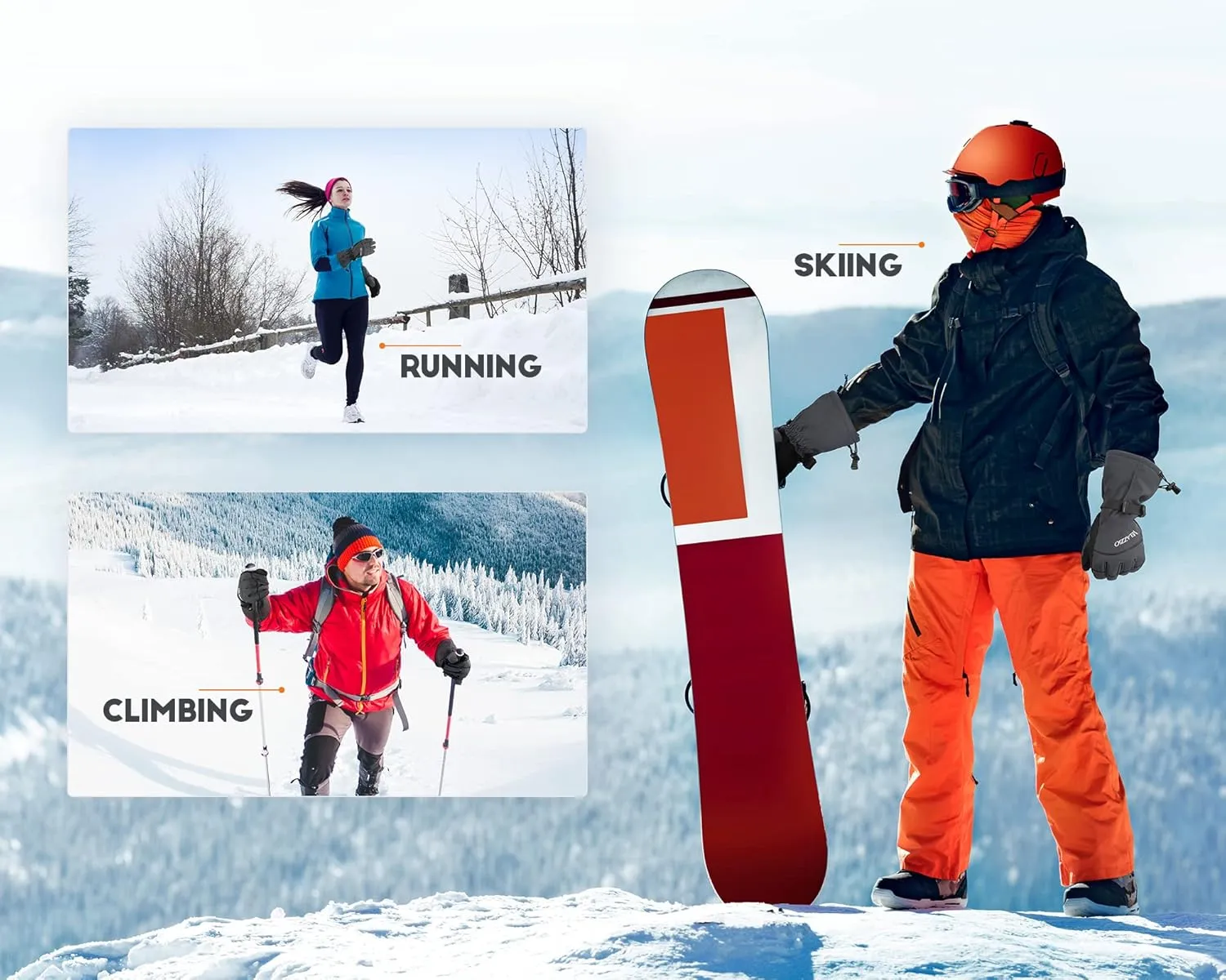VELAZZIO Ski Gloves - Winter Snow Gloves with Dupont Sorona, Waterproof Breathable Touchscreen