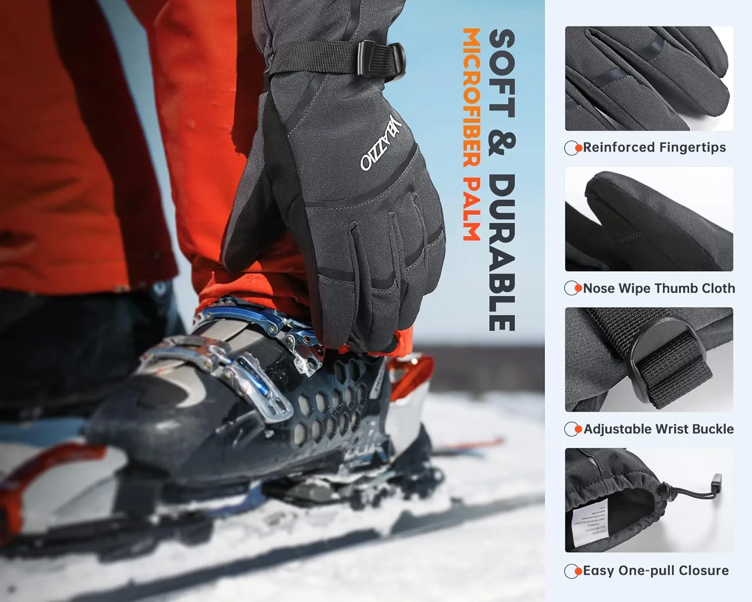 VELAZZIO Ski Gloves - Winter Snow Gloves with Dupont Sorona, Waterproof Breathable Touchscreen
