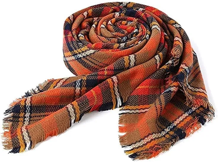 Women's Fall Winter Scarves Classic Tassel Plaid Scarf Warm Soft Chunky Large Blanket Wrap Shawl Scarves (orange pattern)