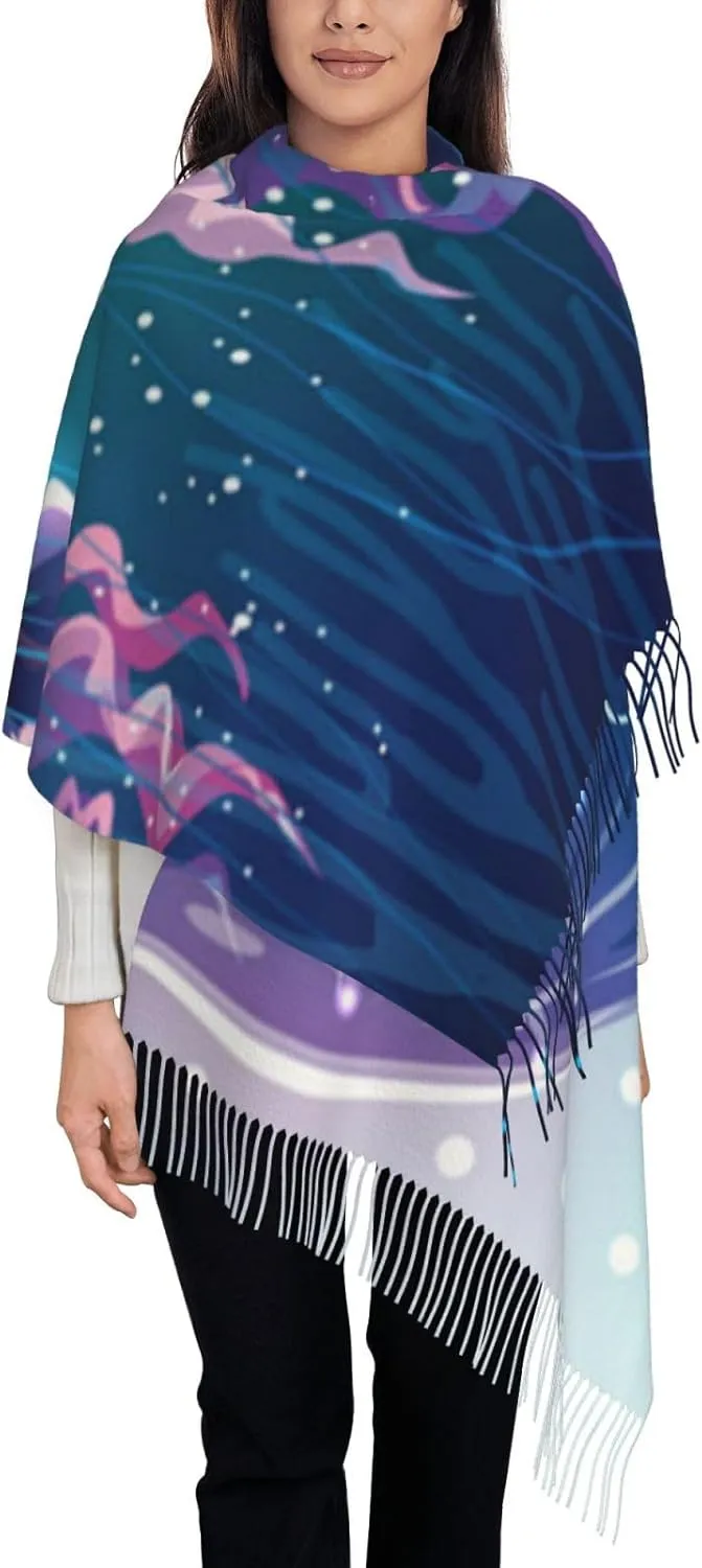 Womens Pashmina Shawl Wrap Wedding Winter Warm Large Soft Cashmere Feel Scarf, Magic Neon Light Jellyfish