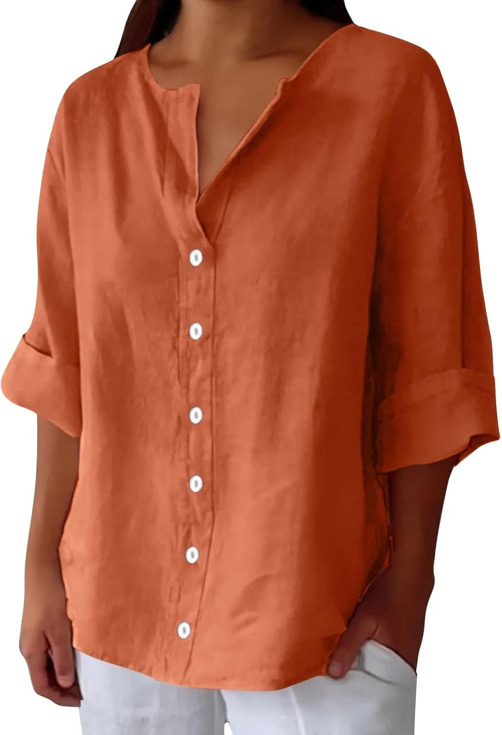 Womens Summer Tops Summer Women's Solid Linen V - Neck Button Down Blouse: 3/4 Sleeve Loose Casual Top