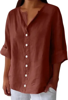 Womens Summer Tops Summer Women's Solid Linen V - Neck Button Down Blouse: 3/4 Sleeve Loose Casual Top