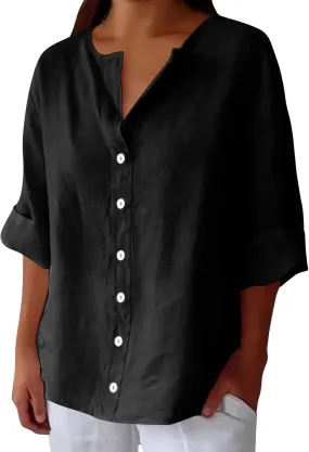 Womens Summer Tops Summer Women's Solid Linen V - Neck Button Down Blouse: 3/4 Sleeve Loose Casual Top