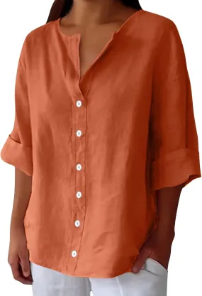 Womens Summer Tops Summer Women's Solid Linen V - Neck Button Down Blouse: 3/4 Sleeve Loose Casual Top