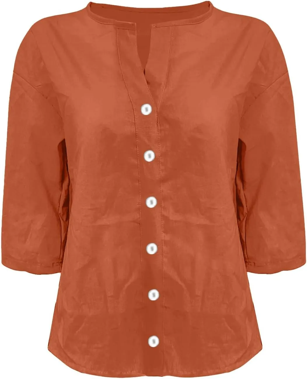Womens Summer Tops Summer Women's Solid Linen V - Neck Button Down Blouse: 3/4 Sleeve Loose Casual Top