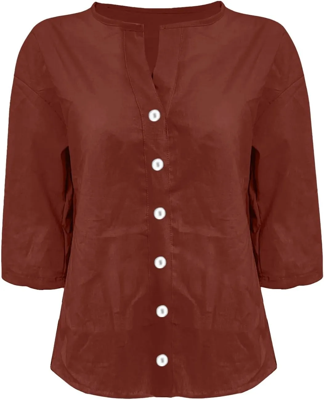 Womens Summer Tops Summer Women's Solid Linen V - Neck Button Down Blouse: 3/4 Sleeve Loose Casual Top
