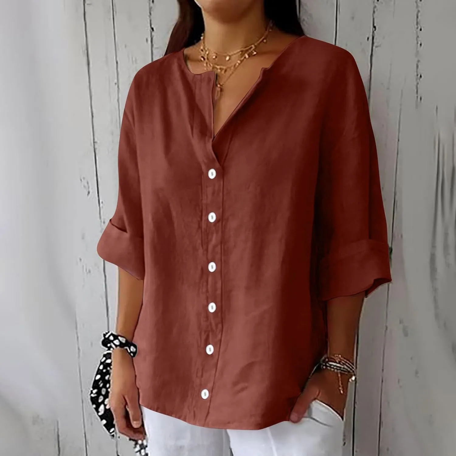 Womens Summer Tops Summer Women's Solid Linen V - Neck Button Down Blouse: 3/4 Sleeve Loose Casual Top