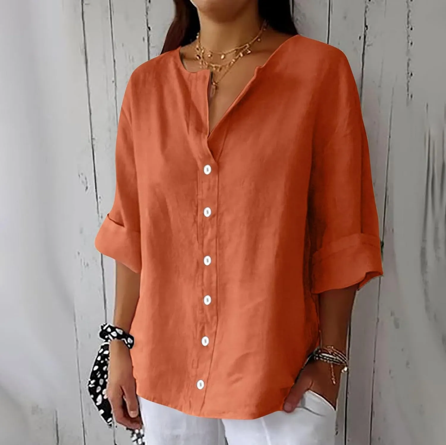 Womens Summer Tops Summer Women's Solid Linen V - Neck Button Down Blouse: 3/4 Sleeve Loose Casual Top