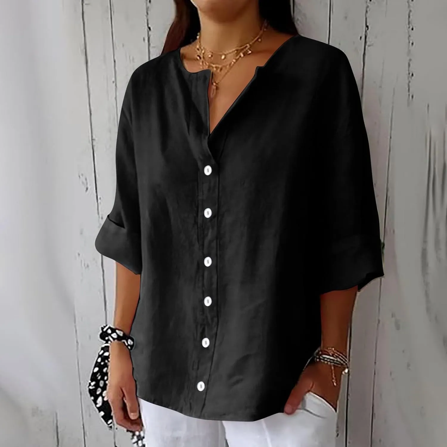 Womens Summer Tops Summer Women's Solid Linen V - Neck Button Down Blouse: 3/4 Sleeve Loose Casual Top